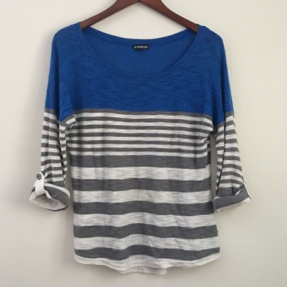 EXPRESS Stripe Knit Blue, White, Gray Top | Size Medium - Picture 2 of 6